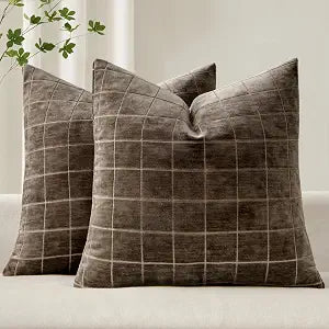 MIULEE Decorative Chenille Check Euro Shams Throw Pillow Covers Vintage Plaid Couch Pillows 24x24 Inch Set of 2 Neutral Boho Farmhouse Cushion Covers Modern Home Decor for Sofa Bed Living Room Brown