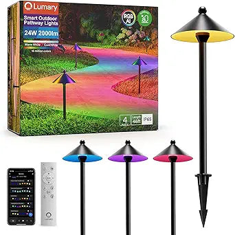 Lumary Smart Low Voltage Pathway Lights 24V 2000LM, Landscape Path Lights with RGBAI Color Changing, App/Remote Control, IP65 Waterproof Walkway Lights for Yard Driveway Garden, 4 Pack, Black Aluminum