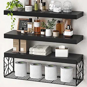 RALGEND Floating Shelves for Wall, 23.6" Bathroom Shelves Over Toilet Set of 3, 1.5" Thick Hanging Wall Mounted Shelf Storage, Farmhouse Decor for Bedroom, Living Room, Kitchen, Black 6001BJBB