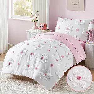 Toddler Bedding Set for Girls 4-Piece Pink Boho Tufted Daisy Flowers Toddler Comforter Set Bed-in-a-Bag Toddler Sheets Bedroom Set with Toddler Comforter, Flat Sheet, Fitted Sheet, Pillowcase