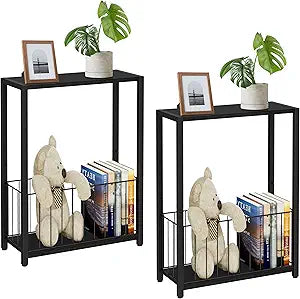 Homleke Narrow Side Tables Set of 2 with Magazine Holder, Skinny End Tables Perfect for Small Spaces, Space-Saving Design for Living Room, Bedroom, or Office, 7.1" D x 16.9" W x 23.6" H, Black