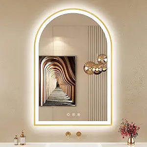 24"x36" Arched LED Mirror for Bathroom, Brushed Gold Lighted Bathroom Mirror with Lights, Fogless, Dimmable, Shatterproof, Touch Sensor, 3 Color Changing