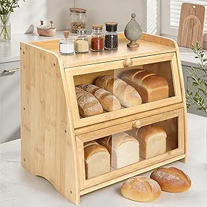 Bamboo Double Layer Bread Box for Kitchen Counter - 2 Layer Large Breadbox for Countertop Organizer - Bread Storage Boxes Container Bin Homemade Bread - Natural Bamboo