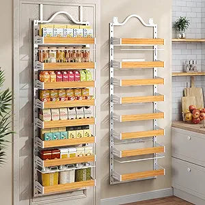 8-Tier Pantry Door Organizer, Over the Door Pantry Organizer with Wooden Adjustable Baskets, 2 IN 1 Spice Rack Wall Mount or Door Organizer, Door Spice Rack for Pantry72.617.15.1in,White)