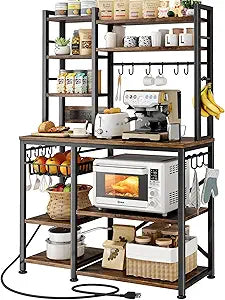 SNTD Baker Rack with Power Outlet - Microwave Stand with Storage, Large Coffee Bar Station with 14 Hooks, Metal Kitchen Shelf Rack for Spices, Pots (Rustic Brown) | with Power Outlet
