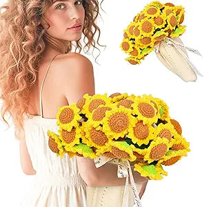 LOKOZ Sunflower Crochet Flower Bouquet Blanket, Teacher Appreciation, Christmas Mom Gifts for Mothers Day Grandma Birthday, Sunflower Gifts for Women Get Well, Knitted Floral Throw Blanket 31 Inches
