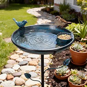 Ratuor Metal Bird Bath for Outside with Bird Decor,51.6" Adjustable Height,Freestanding Birdbaths & Birdfeeder for Outdoors Garden Patio Yard Lawn Decor, 4-Pronged Base,Vintage Blue