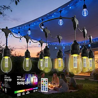 Outdoor String Lights Waterproof - 48FT Color Changing Led Outside Patio Light with 20 Bulbs, Remote Control RGBW Outside Lights for House Yard Party Balcony Bistro Backyard Decor