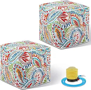Juexica 2 Pack Inflatable Outdoor Ottoman Pouf Waterproof Cube 16" Square Blow up Ottoman Footrest with Handle Outdoor Portable Footstool for Patio Garden Camping or Home Pool(Retro,Red)