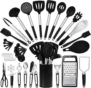 40PCs Silicone Cooking Utensils Set 446 Heat Resistance, RFAQK BPA Free Kitchen Utensils Set for Nonstick Cookware, Gadgets includes Can Opener, Potato Smasher,Peeler,Tongs,Spatula Set,Pizza Cutter