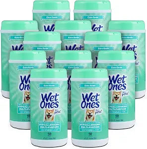 Wet Ones for Pets Hypoallergenic Multipurpose Dog Wipes with Vitamins A, C and E - Fragrance-Free All-Over Pet Grooming Wipes for Dogs in Canister, 50 Count - 12 Pack