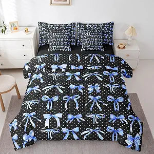Feelyou Girls Black Blue Bow Comforter Set with Sheets Polka Dots Bowknots Queen Size 7 Piece Bedding Set Princess Girly Ribbon Bow-Tie Bed in a Bag