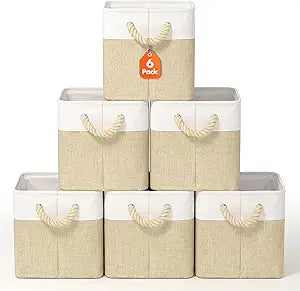 Livole 6 Pack 11x11 Cube Storage Bins, Fabric Storage Bins for Cube Organizer Shelves, Foldable Cube Storage Baskets with Handles & Label Window for Closet, Bedroom, Living Room, Office(Beige)