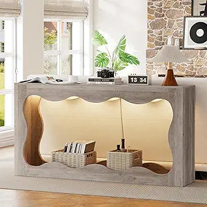 63 Inches Farmhouse Console Table, Wooedn Entryway Table with Storage and LED Lights, Behind Couch Sofa Table, Modern Hallway Stand for Entryway, Living Room, Grey