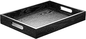 ATZYmolin Wood Serving Tray with Handles, Home Decorative Wooden Rectangle Ottoman Decor Platter Vanity Tray for Breakfast Dinner Drinks Kitchen Dining Living Bathroom Restaurants Black