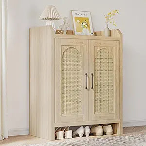 Mericonia Shoe Cabinet Storage for Entryway, Rattan Storage Cabinet, Wooden Shoe Rack with Doors, Farmhouse Boho Wood Shoe Organizer Cabinet for Hallway (Oak)