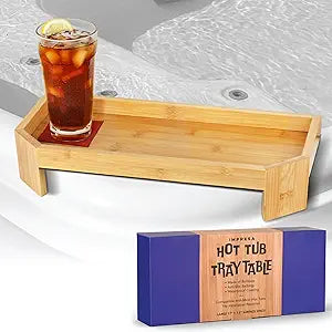 IMPRESA Bamboo Hot Tub Tray Table - 17" x 7.5", Modern Bamboo - Waterproof UV-Coated Caddy with Anti-Slip Backing for Drinks & Essentials - Hot Tub Accessories - Outdoor Spa Drink Table & Bathtub Tray