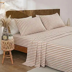 Merryword 100% Cotton Sheet Set Queen Size - Beige and Terracotta Striped Bedding, Soft Breathable Percale Weave, Deep Pocket Fitted Sheet 17.5", Luxury & Silky Soft Sheet Set for All Seasons