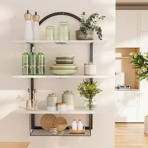 XLHOMO Floating Shelf for Wall- 31.5"x 24" 3+1 Tier White Bathroom Floating Shelves with Basket for Bathroom, Living Room,Bedroom and Kitchen