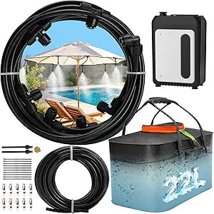 Bonviee 36FT Portable Mister for Outside Patio, Cordless Outdoor Misting System with 5200mAh Pump, 5.8 Gal/22L Bucket Tank, 36FT/ 11M Hose & 6 Nozzles, Patio Misters for Umbrella, Greenhouse, Camping