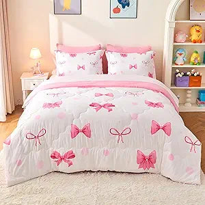 Wajade 7 Piece Pink Bow Bedding Set for Girls Kids Twin Size Comforter Set with Sheet and 2 Pillowcases 2 Pillow Shams Cute Girls Bed in a Bag as Birthday Choice