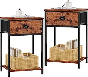 Furologee Nightstands Set of 2, Night Stand with Fabric Drawer and Storage Shelf, Retro Bedside Sofa Tables for Small Place, End Side Tables Living Room Bedroom, Rustic Brown