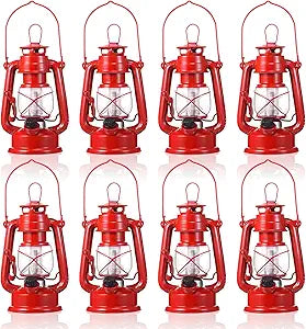 Hortsun 8 Pcs 8 Inch Vintage LED Hurricane Lantern Metal Red Outdoor Battery Operated Hanging Lantern with Warm LEDs and Dimmer Switch for Halloween Christmas Indoor Rustic Farmhouse Camping Decor