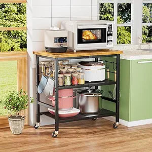 Rolling Kitchen Microwave Cart, 3 Tier Microwave Stand with Wheels, Bathroom Organizers and Storage Shelf, Coffee Bar Table Station, Utility Side Table for Kitchen, Living Room Office, Brown