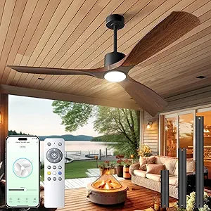 60" Smart Ceiling Fan with Lights,Outdoor Ceiling Fan 3 Wood Blade,Compatible with Alexa/Gg/App/Remote,3-Color & Dimmable Light Quiet Reversible DC Motor for Patio,Dark Walnut
