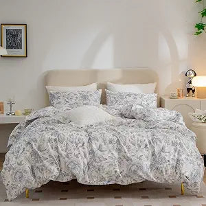Duvet Cover Queen Flower, 100% Brushed Microfiber Chic Floral Bedding Set Queen 3 Pieces Queen Duvet Cover for All Seasons, 1 Duvet Cover and 2 Pillowcases with Zipper Closure