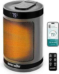 SereneLife Smart Space Heater Γ 1500W Indoor Electric Heater with Thermostat, Remote Control, 12-Hour Timer, Wi-Fi Enabled PTC Ceramic Heating for Home and Office, Gray (5.9" x 5.9" x 9.5")