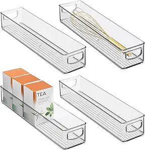 iDesign Slim Clear Plastic Storage Bin, Extra Long Narrow Stackable Organizer for Kitchen and Pantry, 4-Pack