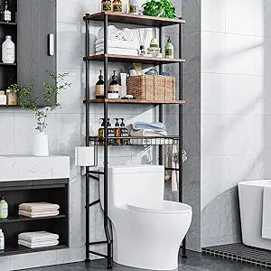 Over-The-Toilet Storage Shelf,4-Tier Bathroom Organizer Cabinet Rack And Storage Over Toilet With Shelf Waterproof Feet Pad And Basket,Multifunctional Space Saver Freestanding Bathroom ShelvesBrown