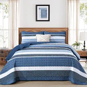 Blue Striped Quilt Set Queen Size 3 Piece Summer Patchwork Bedspreads Coverlet, Blue and White Soft Lightweight Bedding Set with 2 Pillow Shams, Microfiber Comforter Set for All Seasons, 96"  90"