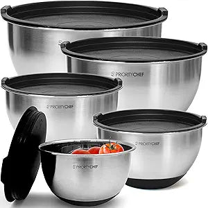 Priority Chef Premium Mixing Bowls With Lids Set, Airtight Lids, Thicker Stainless Steel, Non-Slip Base, 5 Nesting Steel Bowls for Kitchen, Large Prep Metal Bowl Set 1.5/2/3/4/5 Qt, Black