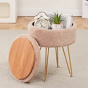 Footrest Footstools Round Faux Fur Ottoman with Storage Space Soft Vanity Chair Seat Coffee Table Ottoman Small Side Table Metal Legs with Adjustable Footings