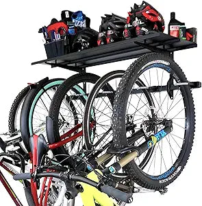 StoreYourBoard Bike Storage Rack with Shelf  Heavy Duty Garage Bike Storage Rack for 5 Bicycles, Adjustable Vertical Bike Rack, Bike Rack Shelf for Helmets & Gear, Holds 300 lbs