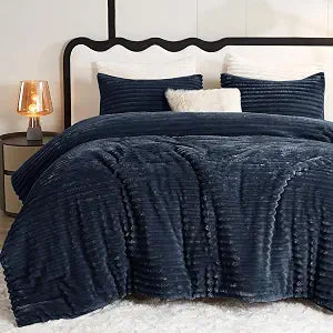 CozyLux Fleece Queen Comforter Set, Oeko-TEX Certified, Winter Warm & Fluffy 300GSM 3D Stripe Flannel Bedding, Super Soft Faux Fur Bed Set, Bedroom Decor with 2 Pillowcases, Navy Blue