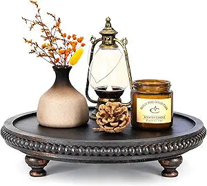 EOSAHR Rustic Round Pine Wooden Display Riser  Beaded Pedestal Stand for Decor, Kitchen Counter Organizer, Coffee table & Cake Stand - Decorative Display Risers for Living Room Decor (Old Black)