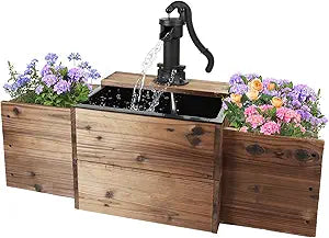 OIPRTGFJ Outdoor Water Fountain,Floor Wooden Rectangular Pump Old-Fashioned Fountain with Flower Box,Electric Decorative Hand Pump, Outdoor Water Feature for Garden Patio Backyard