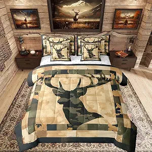 Feelyou Camo Deer Queen Comforter Set with Sheets for Kids Boys Girls Animal Hunting Theme Deer 7 Pieces Bedding Set Rustic Farmhouse Bed in a Bag Room Decor Soft Lightweight Microfiber