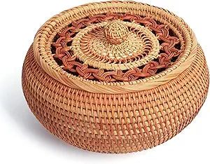 Handwoven Rattan Basket with Lid | Multi-Use Storage Organizer for Kitchen, Living Room & Gifts | Natural Wicker Box(Short:9.06D*5.12H)