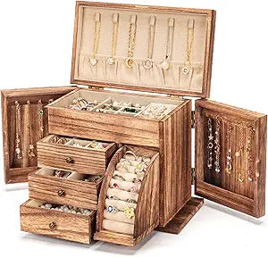 Poyilooo Jewelry Box Organizer, Solid Wood Jewelry Boxes for Women for Storage & Display Necklace Ring Earring Bracelet, Rustic Style Jewelry Organizer Box for Women Gifts (Carbonized Brown)