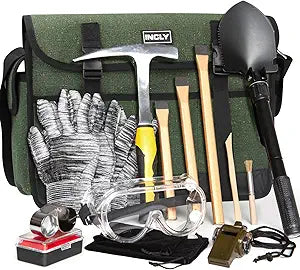 INCLY 15 PCS Geology Rock Pick Hammer Kit, 32oz Hammer & 3 PCS Digging Chisels Set for Rock Hounding, Gold Mining & Prospecting Equipment Tool Gear Shovel Musette Bag, Compass, Whistle, Wooden Chisel