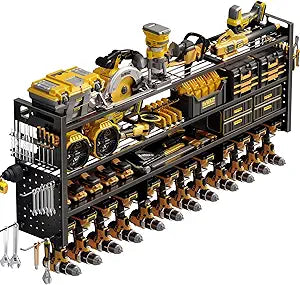 Large 49''W Power Tool Organizer Wall Mount | 620lbs Garage Storage Rack with 12 Cordless Drill Holder | 4-Tier Heavy Duty Utility Shelf for Battery Workshop Organization