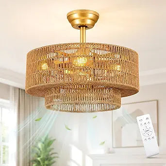Boho Ceiling Fan with Light: 4-Lights Hand Woven Rattan Chandelier with DC Reversible,6 Speeds, 3CCT - Farmhouse Caged Ceiling Fan for Bedroom,Living Room,Kitchen,Nursery,Island