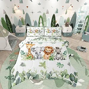 Erosebridal Jungle Animal Bedding Sets for Boys Nursery Giraffe Elephant Twin Comforter Set for Kids Girls Baby Green Botanical Eucalyptus Palm Leaves Quilt Zebra Lion Safari Animal Duvet Insert