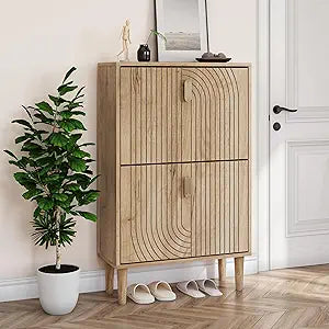 Smuxee Shoe Cabinet with 2 Flip Drawers, 23.6" Oak Hidden Shoe Storage Cabinet with Line Groove Design, Freestanding Shoe Organizer Cabinet for Entryway, Hallway, Living Room