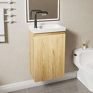 16" Japandi Floating Bathroom Vanity with Sink, Pre-Assembled Wall-Mounted Bathroom Vanity, Narrow Bathroom Vanity 10" D Solid Wood Vanity Cabinet, Engineered Stone Top, Soft-Close Hinge