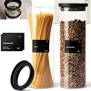 KIVY Airtight glass jars with transparent Glass Lid [2x 60oz] Glass airtight food storage containers - Pasta containers storage - Spaghetti container - Pasta containers for pantry flour Jar